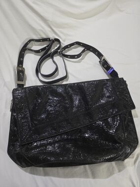 Kooba Black Patent Leather Shoulder Bag Slouchy Studded Strap Hobo Purse